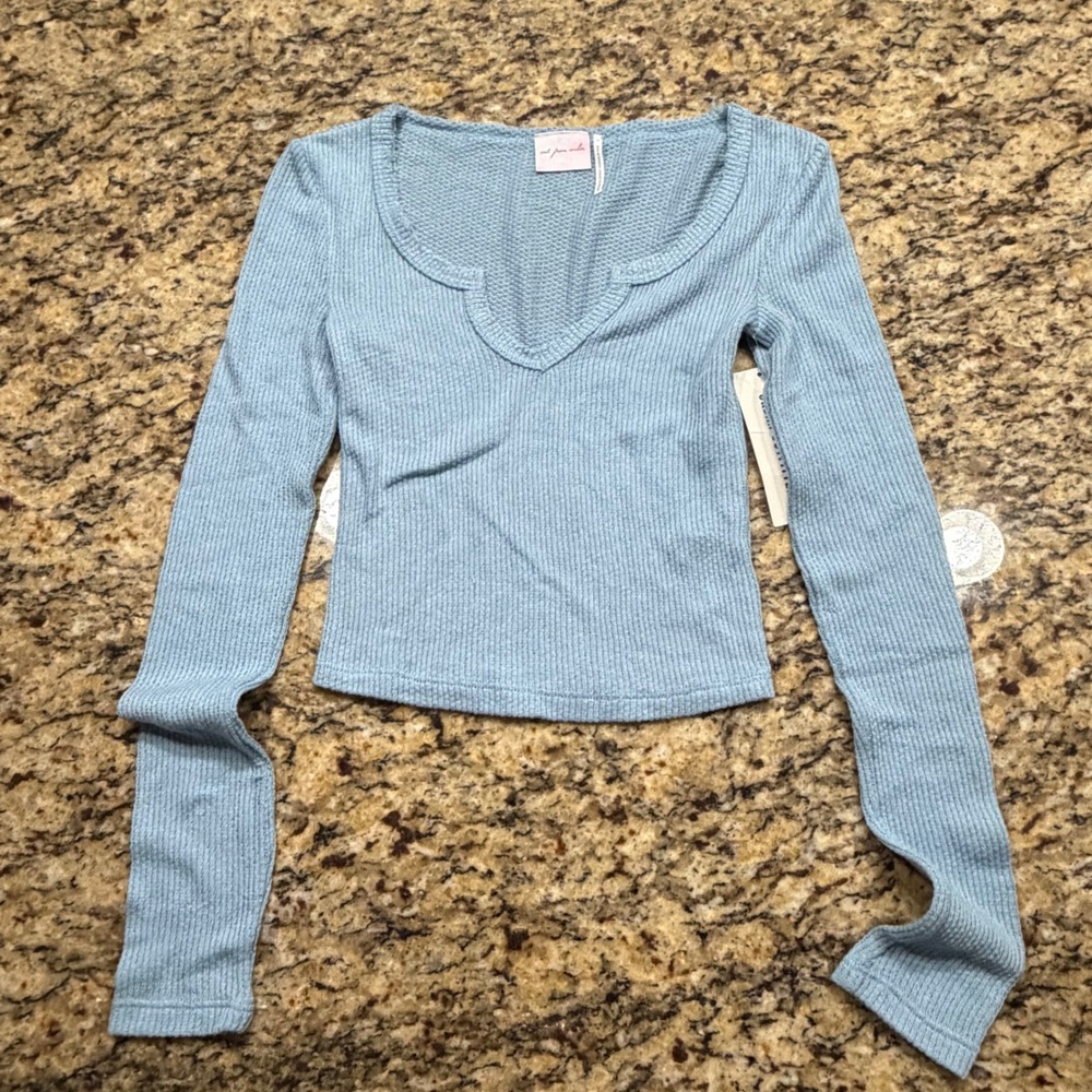 NEW Out From Under Blue Ribbed Notched Long Sleeve Crop Top XS ws